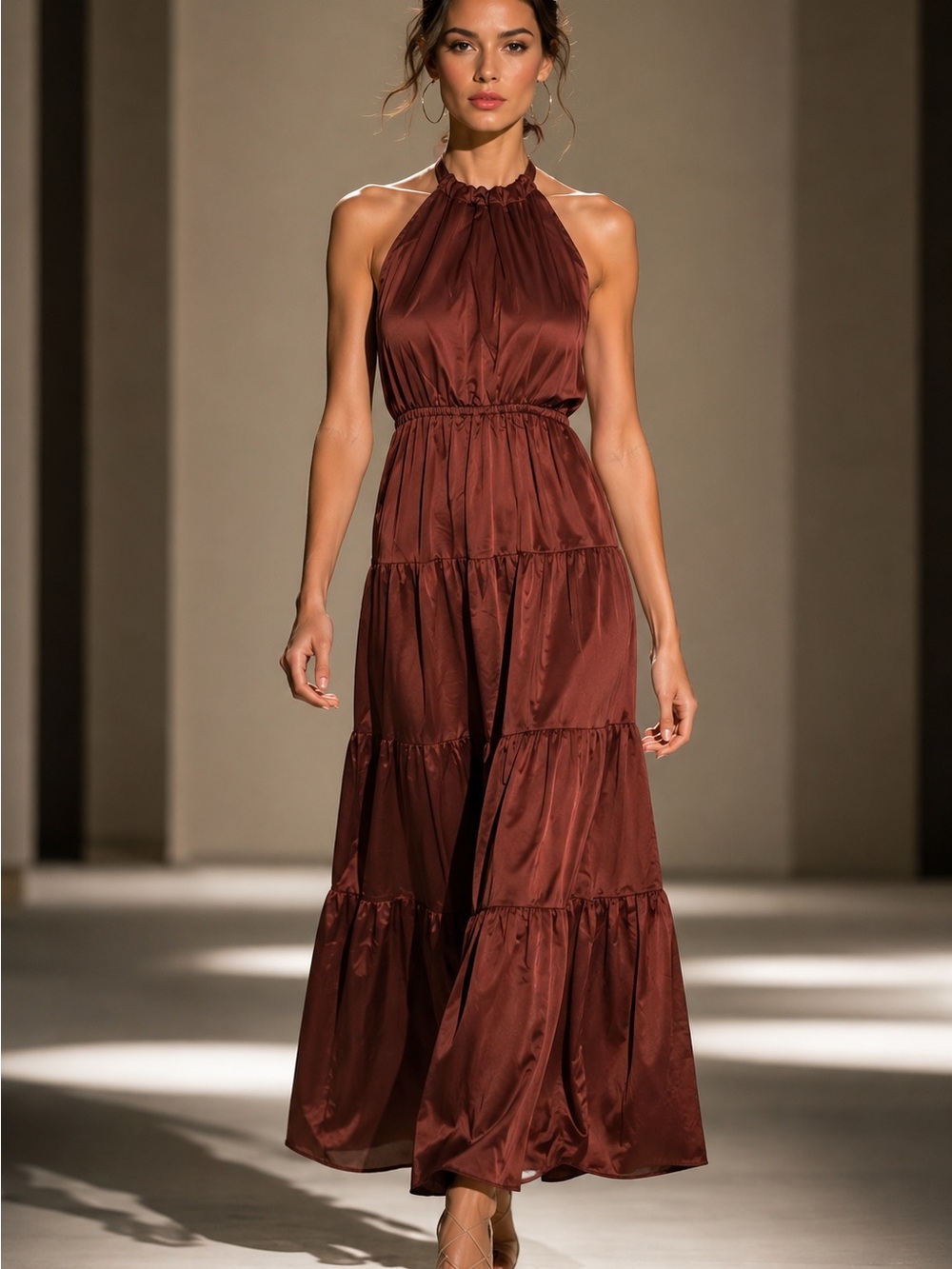Love x Design Brown Satin Halter Tiered Maxi Dress XS NWT